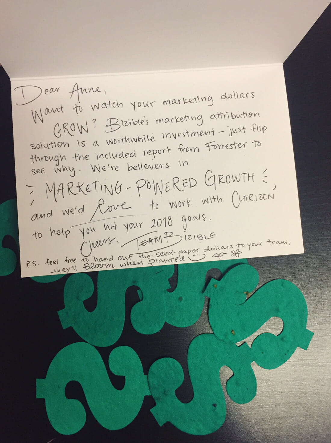 Photo of Bizible personalized card sent to a customer as an example using an ABM approach