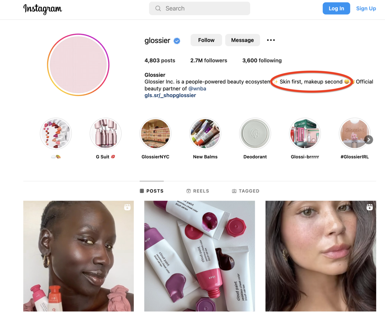 Glossier makeup brand Instagram page