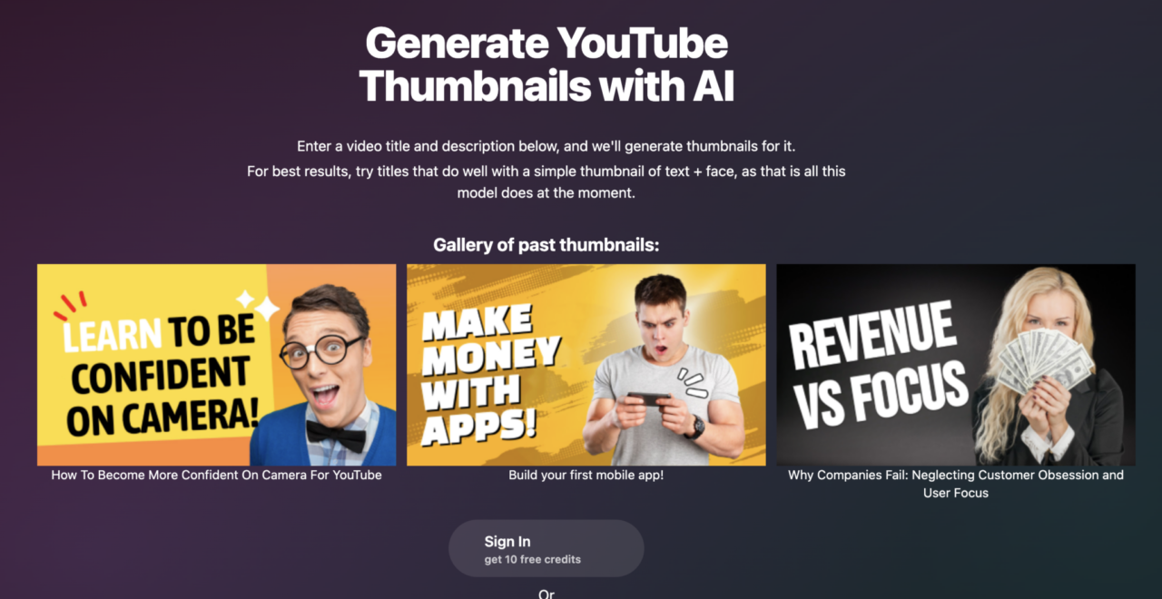 Magic Thumbnails - AI tool - home page