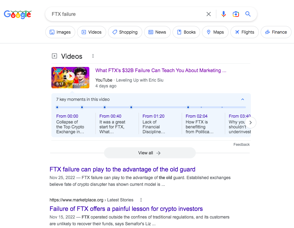 Screenshot of images and videos showing up in the SERPs